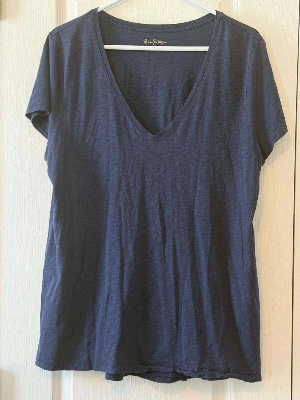 Lilly Pulitzer Etta V-Neck Top True Navy Blue Short Sleeve Slub Knit Tee Size XL